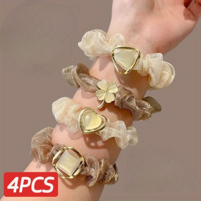 

4Pcs/set Fashionable High Tie Cat Eye Stone Hair Elastic Temperament Hair Tie Hair Loop High Elasticity Ponytail Rubber Band