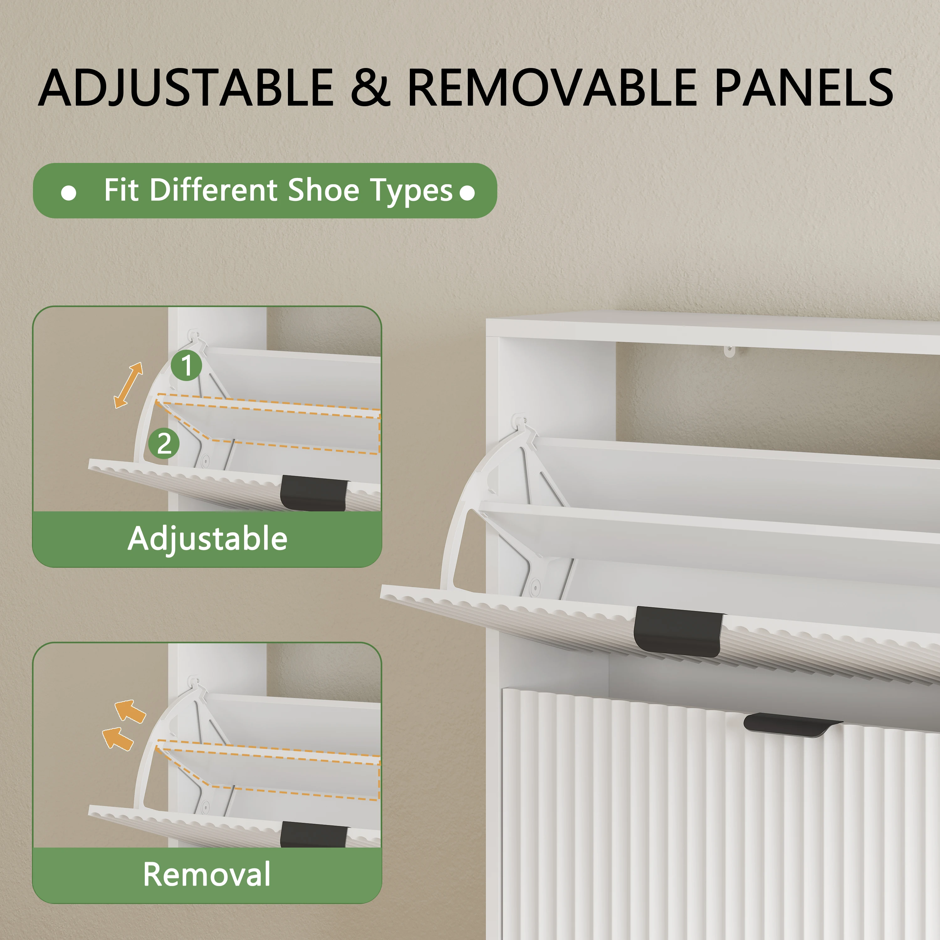 Shoe Cabinet with 2 Flip Drawers, 37" Tall Narrow Fluted Shoe Storage Organizer for Entryway, Hidden Slim Wooden Shoe Rack image 4