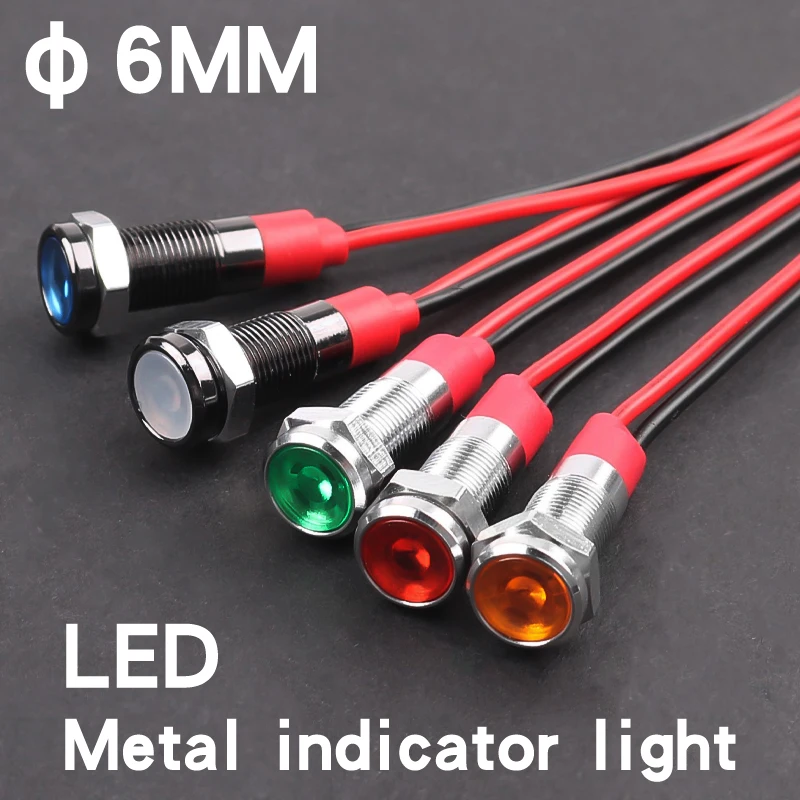

5Pcs 6MM Metal Indicator Light Warning Pilot Sginal Lamp Black Case With Wire 6V 12V 220V Red Yellow Blue Green White