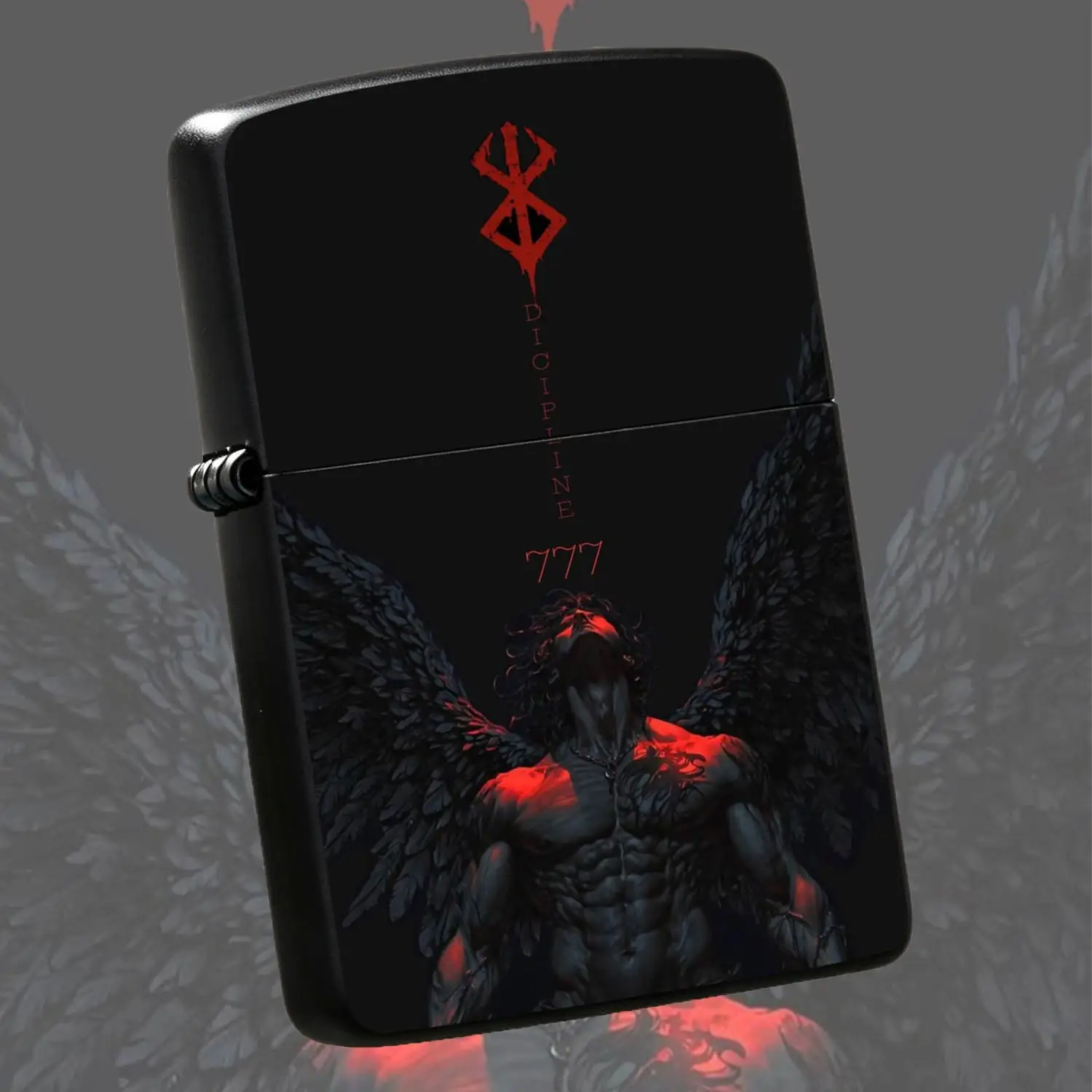 Dark Fallen Angel Themed Lighter With Bloody Red Brand Mark Discipline 777 Print, Cool Aesthetic Portable Ignition Device For Daily Multi Scenario Use, Unique Stylish Decorative Collectible Great Gift Choice For Gothic Style Enthusiasts A H