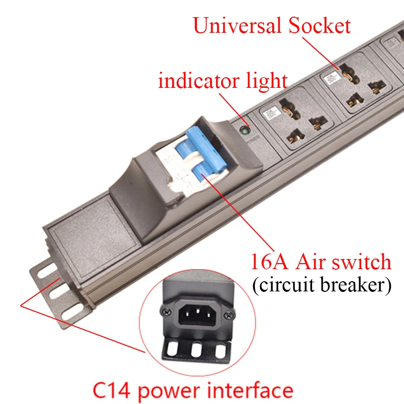 C14 interface PDU Power Strip 16A Disjuntor Tomadas universais Luz indicadora para montagem em rack de gabinete