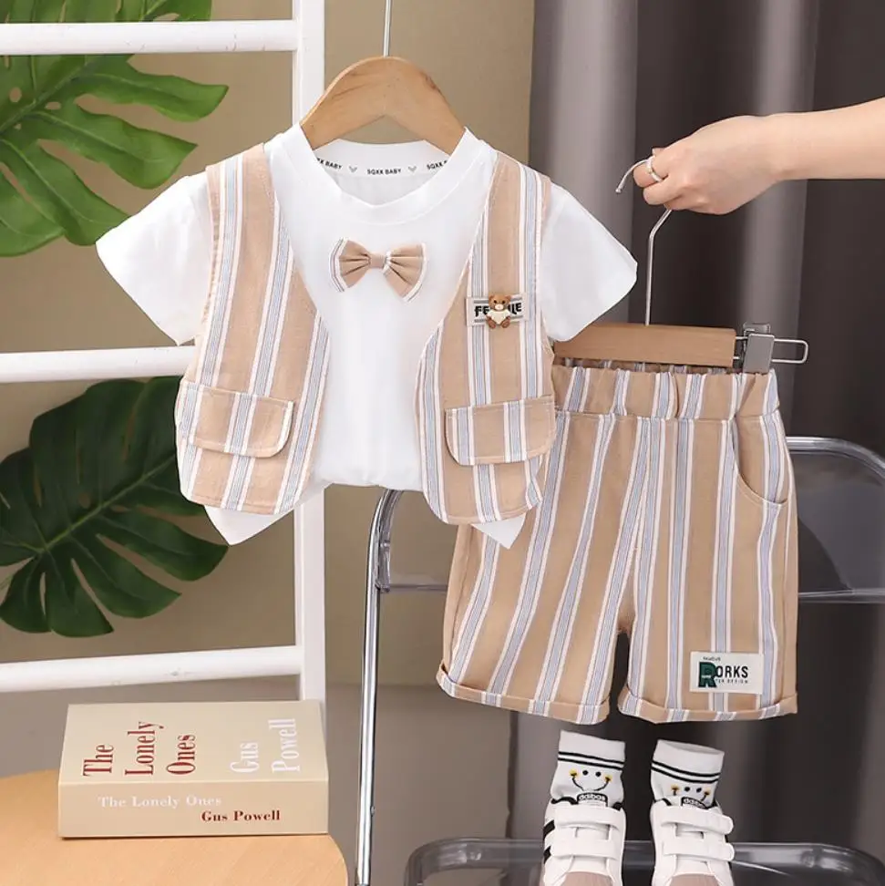 

1-5 Years Boys Summer Sets Korean Style Kids Striped Bow Tie Short Sleeve T-shirts Tops+Shorts Todder Outfits Children Clothing