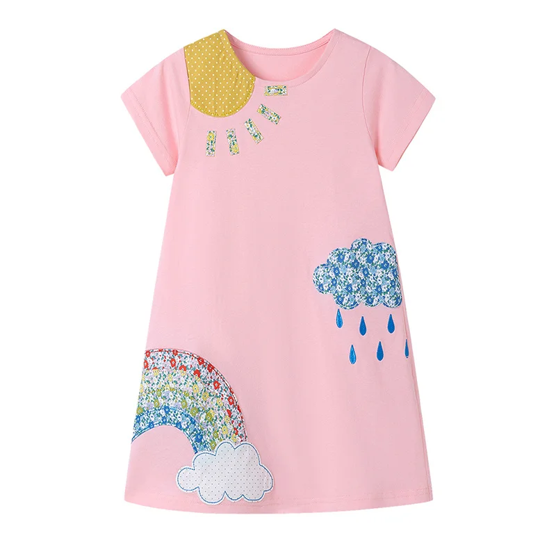 

Summer Short Sleeve Princess Dress for Baby Girls 2-7T Cotton Rainbow Children's Party Birthday Applique Kid Frocks