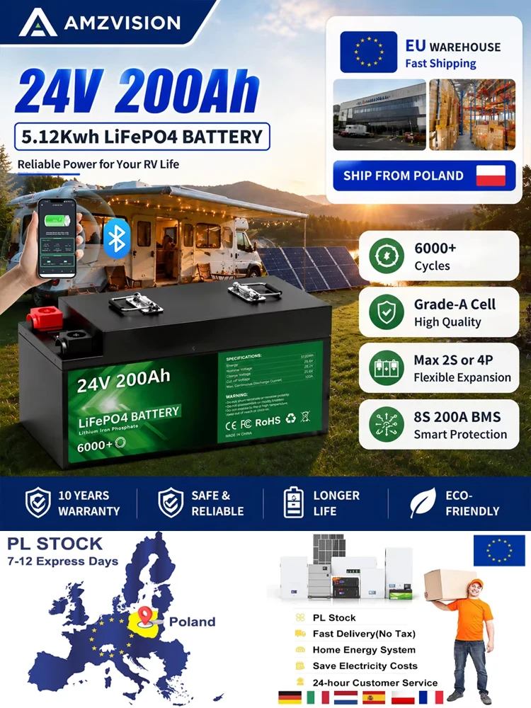 LiFePO4 Batterie 24V 200Ah 5,12kWh 6000+ Zyklen Bluetooth 200A BMS 25,6V 100Ah 140Ah 300Ah 340Ah Lithium-Batterie für Heim-Solarenergie EU-LAGERBESTAND