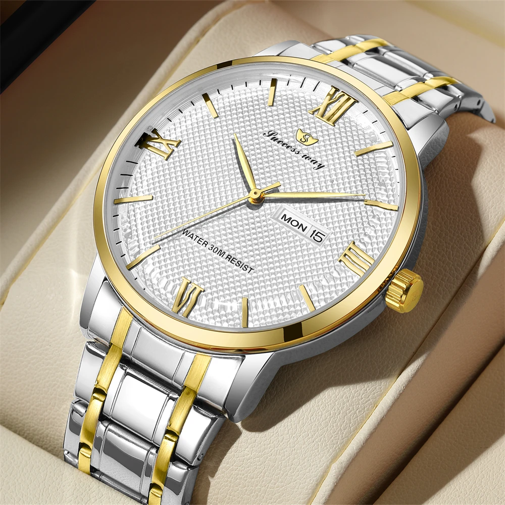 New high end elegant business steel strip men\'s quartz watch waterproof double calendar Roman numeral men\'s quartz watch