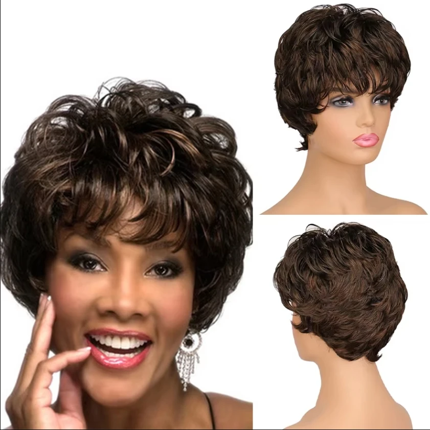 

Synthetic Short Wavy Straight Ombre Brown Pixie Cut Women Wig for Daily Cosplay Heat Resistant Fiber