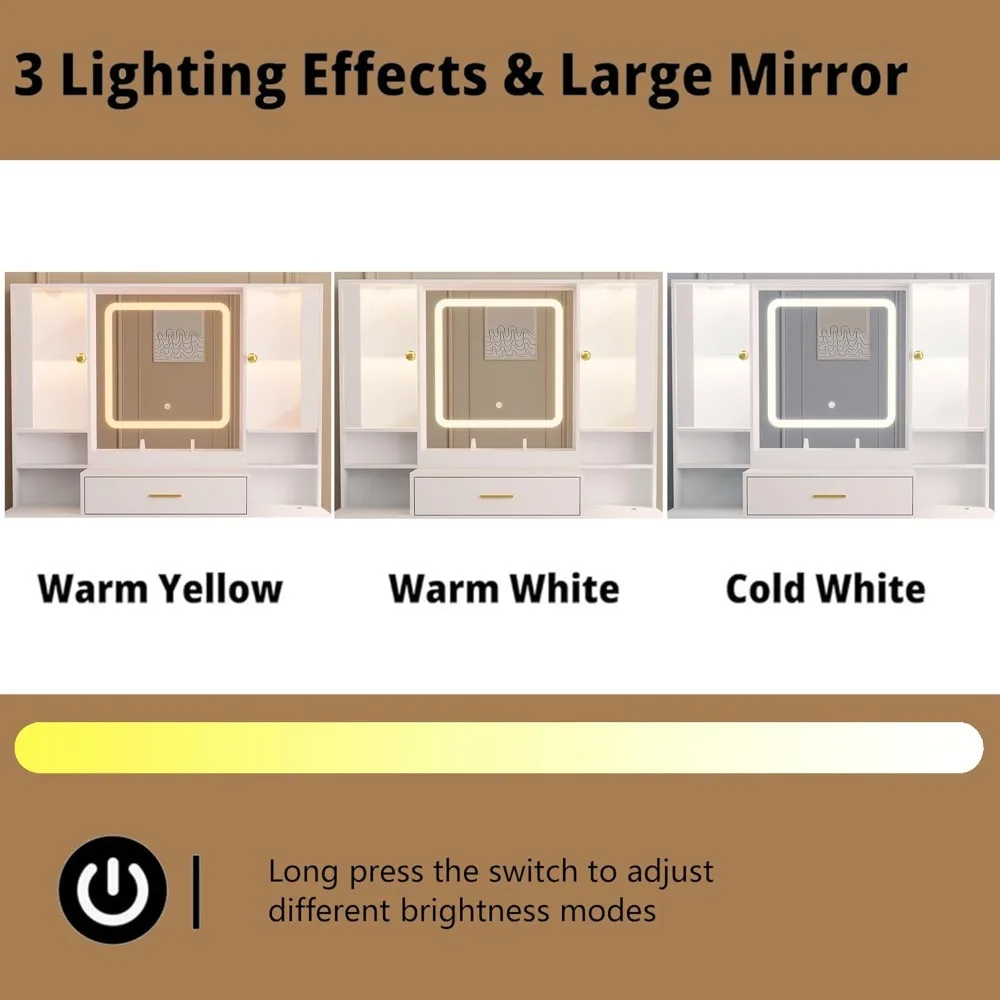 Meja rias bercahaya dengan cermin LED, penyimpanan 7 laci, dan kabinet RGB