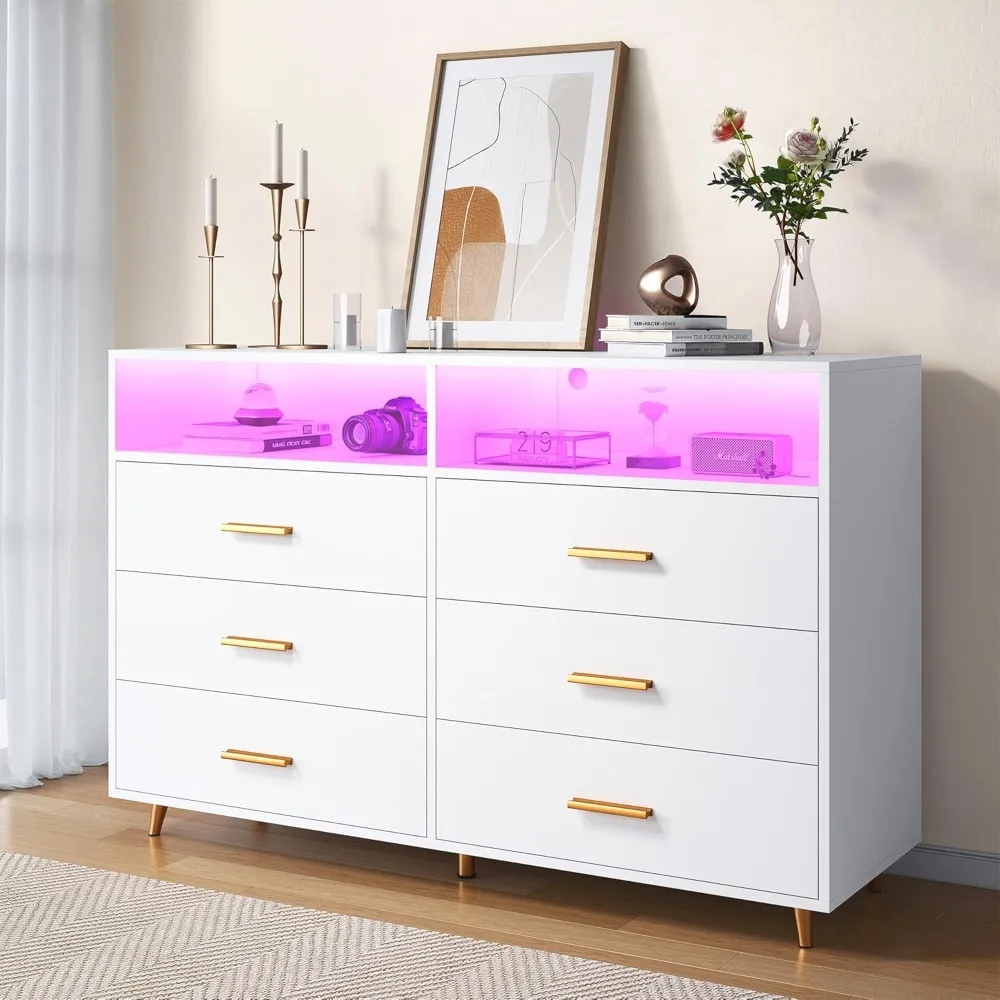 

Dresser for Bedroom, White Dresser with LED, Chests of Drawers, 6 Drawers & 2 Shelves for Bedroom, Wood Chests of Drawers