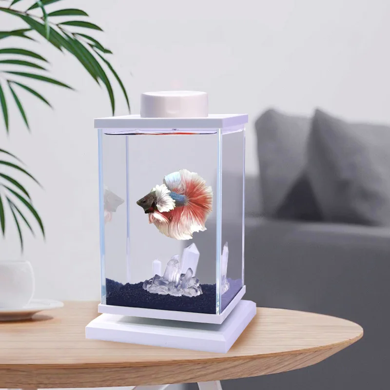 Rotating Glass Betta Tank Desktop Small Aquarium Transparent Landscaping Fishbowl Home Decor
