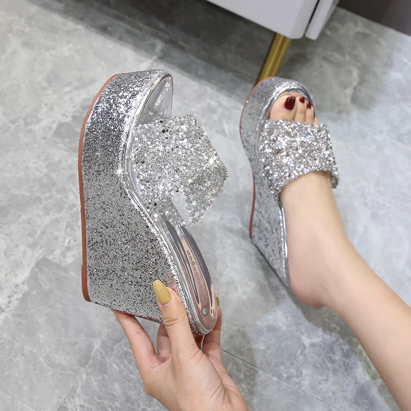 Women Wedge Slides Slippers Summer Beach Slipper Casual Gold Silver PVC Mules High Heels Sandals Sequine Platform Ladies Shoes