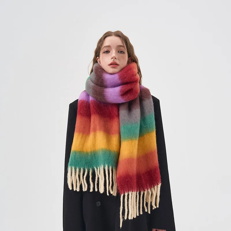

USPOP Fashion Colorful Striped Faux Cashmere Scarf Soft Warm Thick Winter Shawl