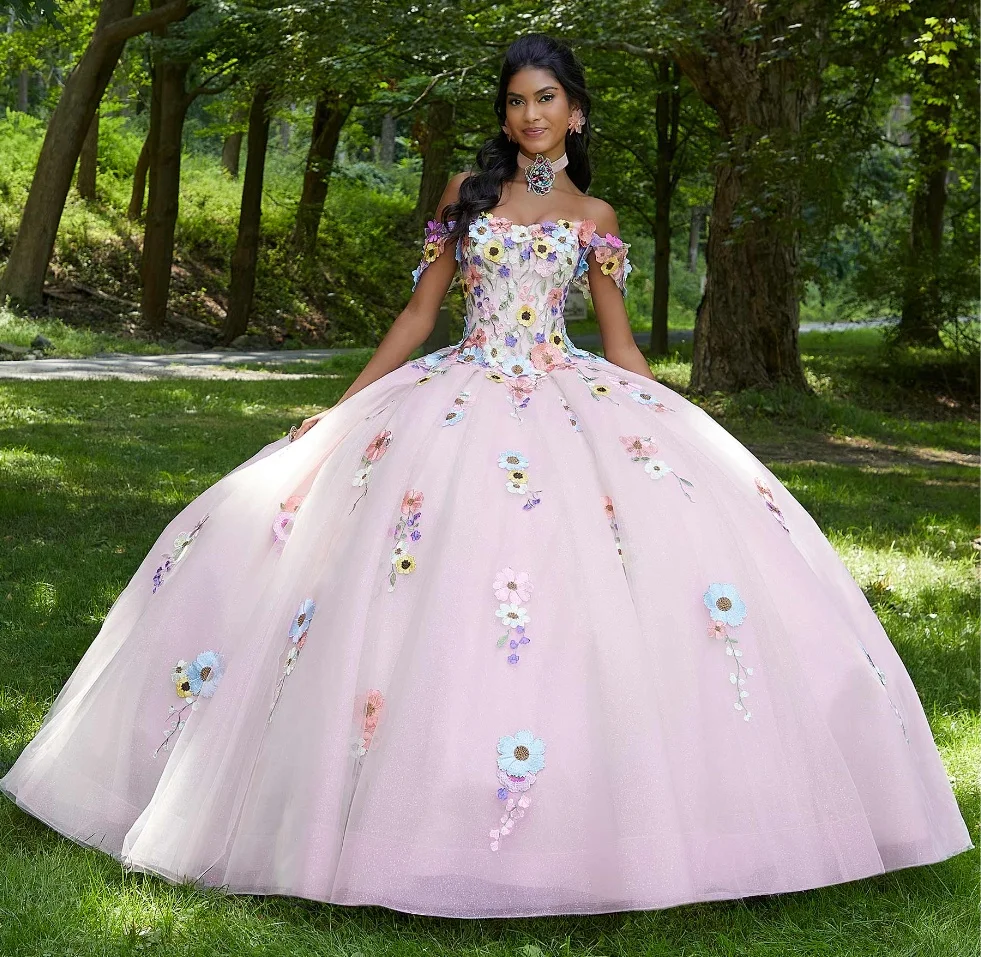 

EVLAST Customized Pink Mint Lilac Quinceanera Dress Ball Gown Floral Flowers Appliques Corset Sweet 16 Vestido De 15 Anos TQD074