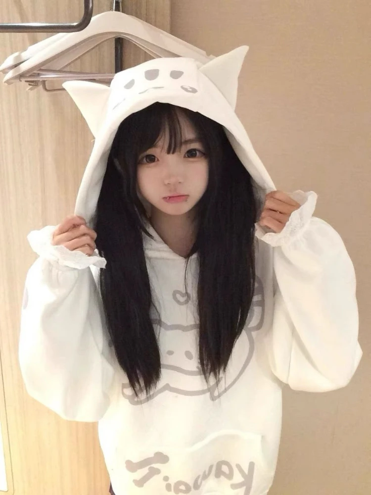 Kawaii الكرتون طباعة هوديي المرأة عادية فضفاض جيب هودي Y2k الجمالية البلوز المتضخم الشارع الشهير اليابانية الخريف جديد