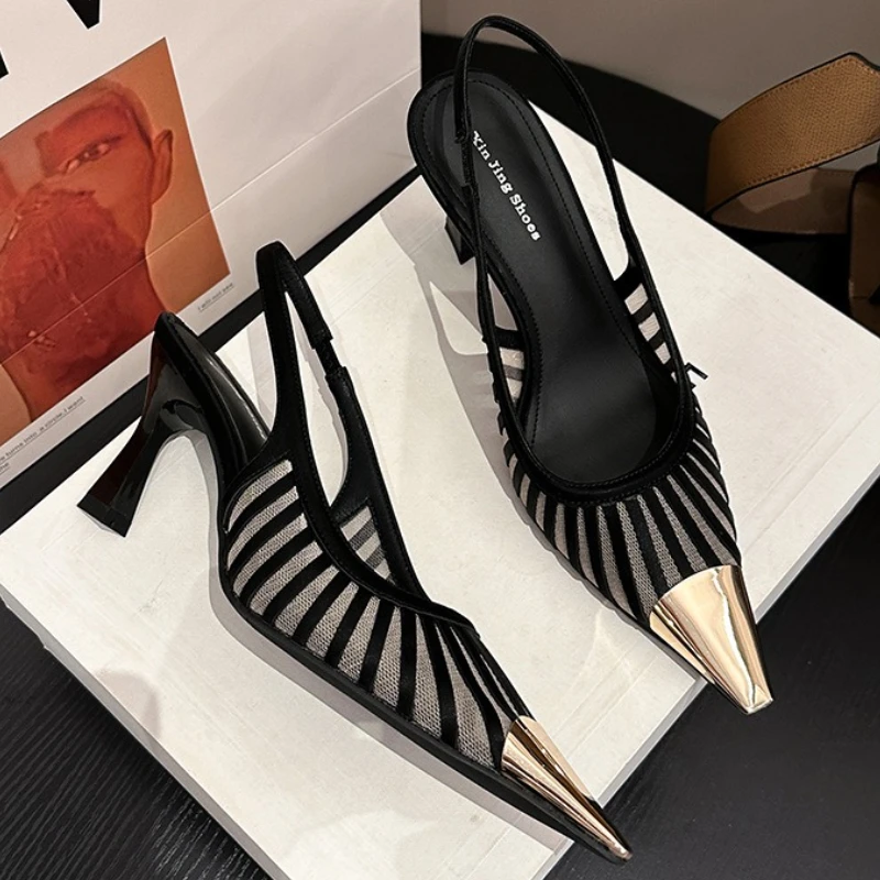 

Sexy Metal Pointed Toe Pumps Sandals Women Mesh Breathable Sandals Ladies Fashion Party Dress Shoes Female Sandalias De Mujer