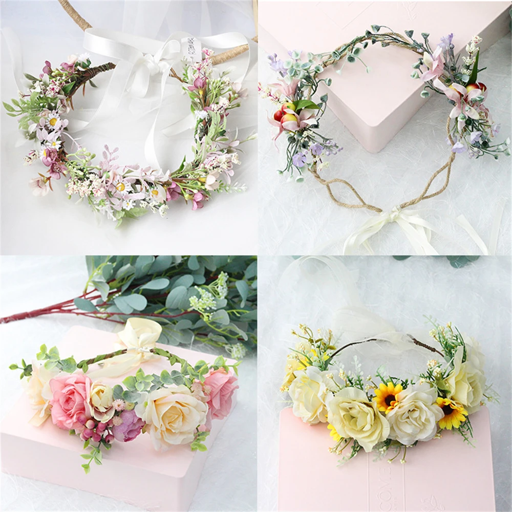 Hot Selling Spring Bohemian Flower Crown Women\'s Beach Hawaii Floral Garland Romantic Faux Rose Wedding Wreaths Headband Flowers