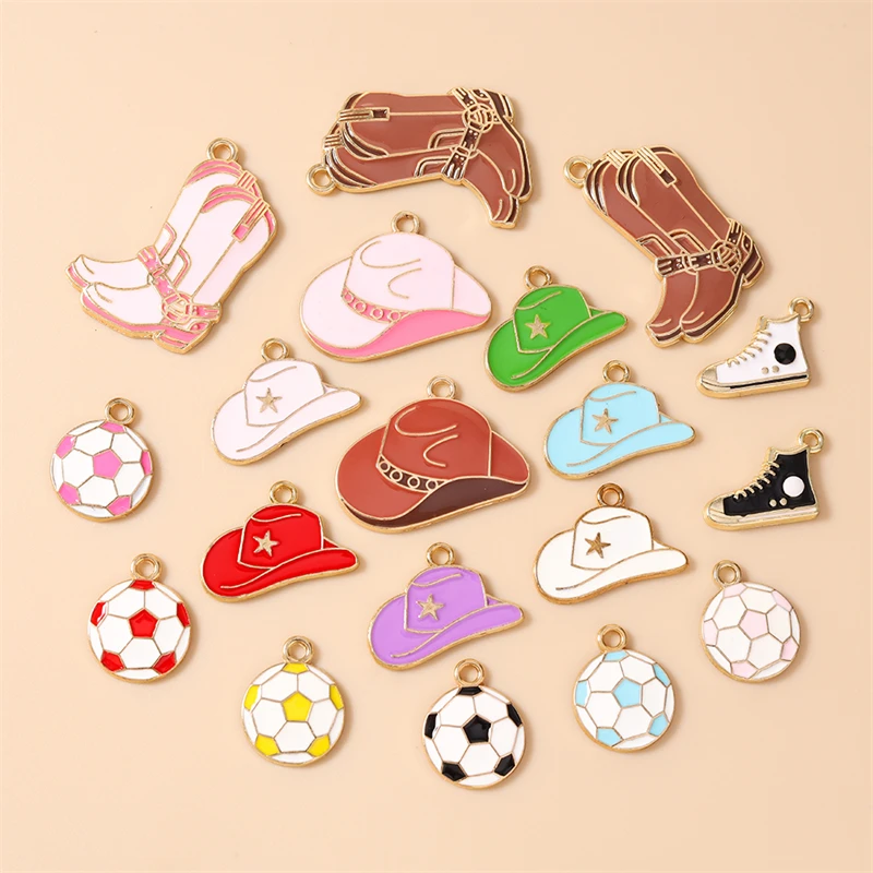 10 Stück niedliche Emaille-Sport-Fußballschuh-Hut-Anhänger zum Basteln von Ohrringen, Halsketten, DIY-Handarbeiten, Schmuckzubehör – Detail 1