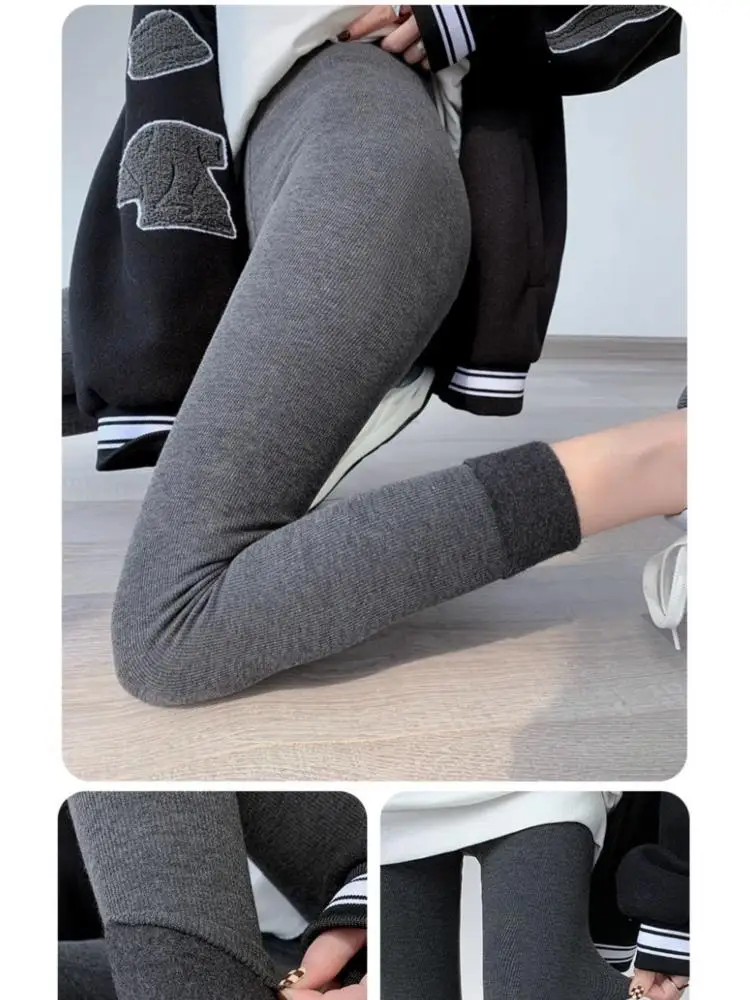 L XL صوف مبطن النساء السراويل الدافئة سميكة كبيرة الحجم أسود الدوس رمادي سراويل قطنية لباس خارجي الشتاء ضيق البطن الخريف #5