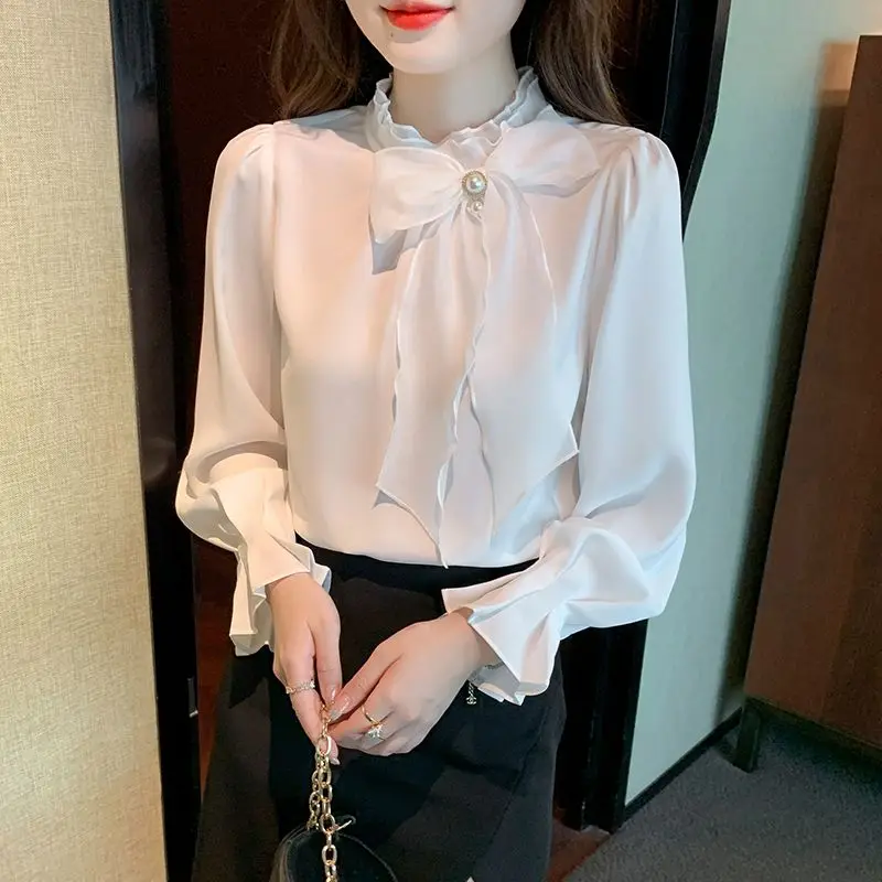 

Spring Summer Women's Shirt Beading Bow Blouse Work Casual Tops Chiffon Blouse Elegant Loose Female White Business Shirts 3XL