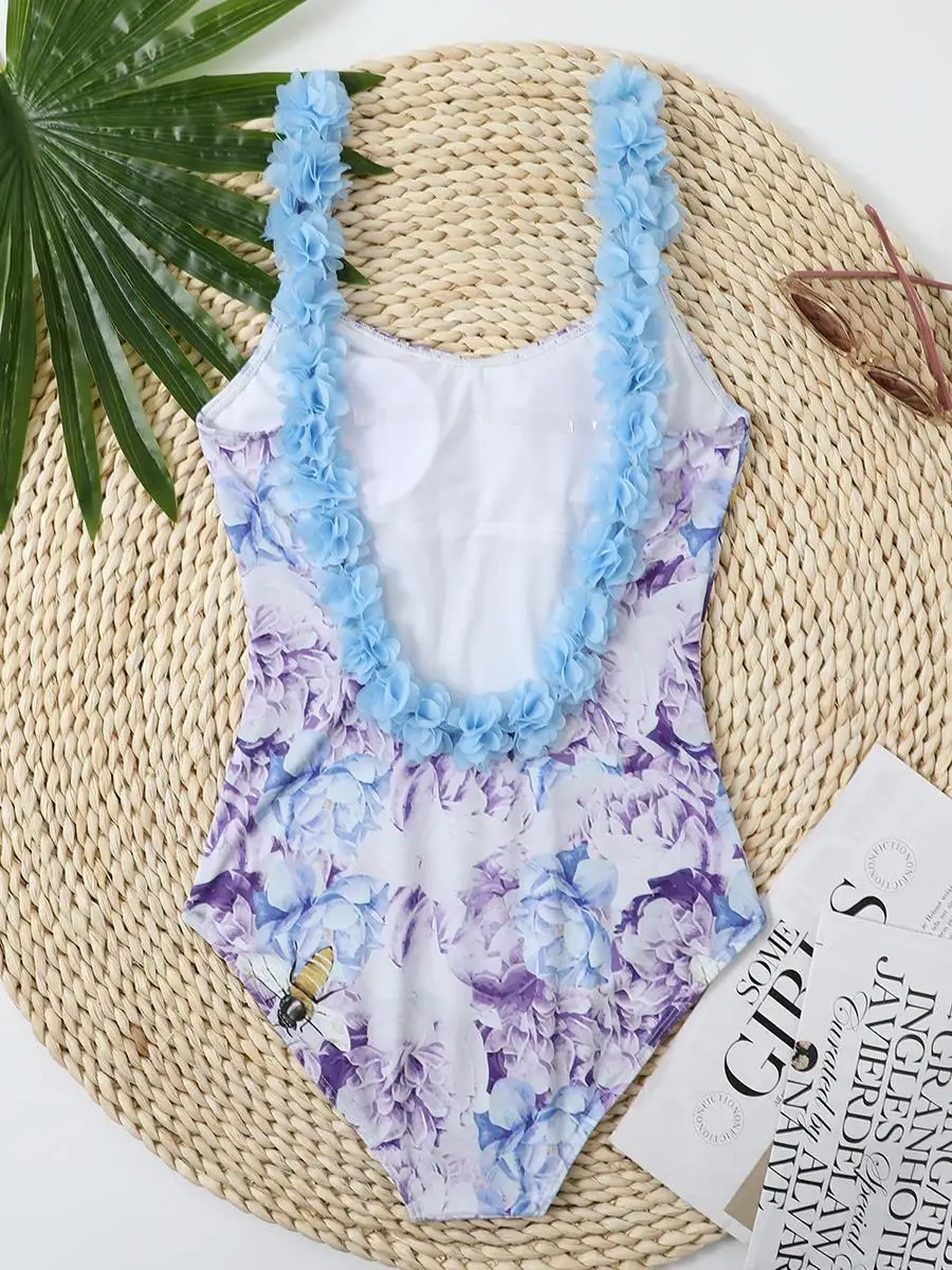 2024 Printed Swimsuit One Piece Ruffle Backless Swimwear Women Floral Bathing Swimming Suit Female Summer Beachwear Bodysuit