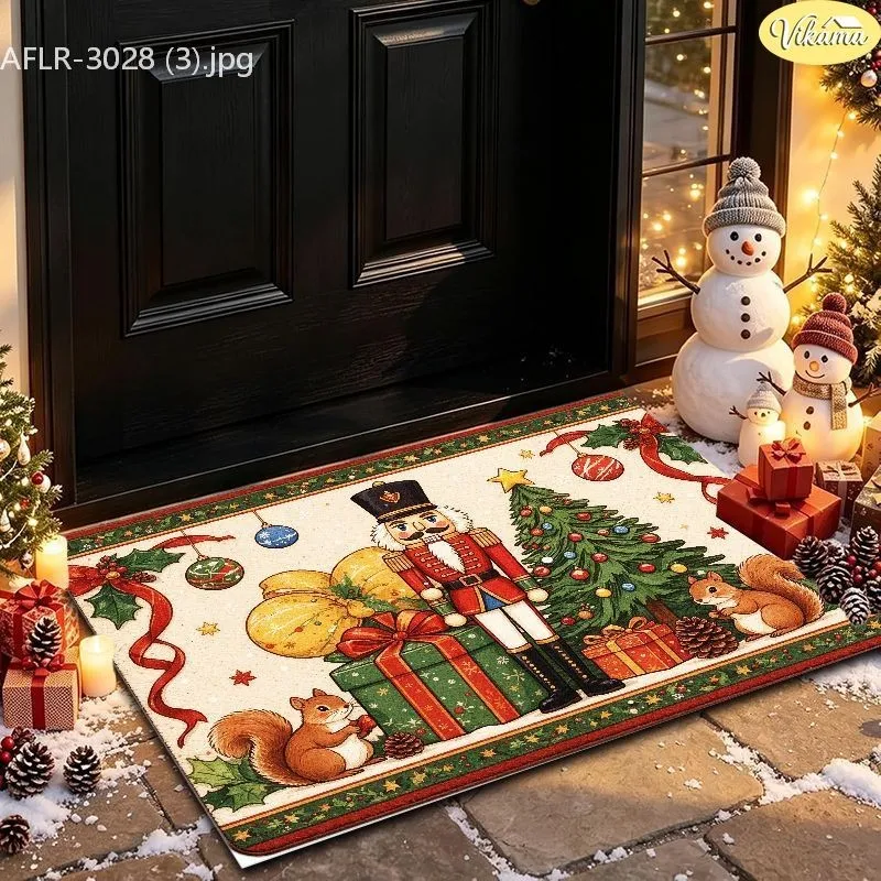 VIKAMA Nutcracker Rug, Vintage Soldier on Big Gift Box, Christmas Tree, Squirrels, Holly Ornaments, Entryway