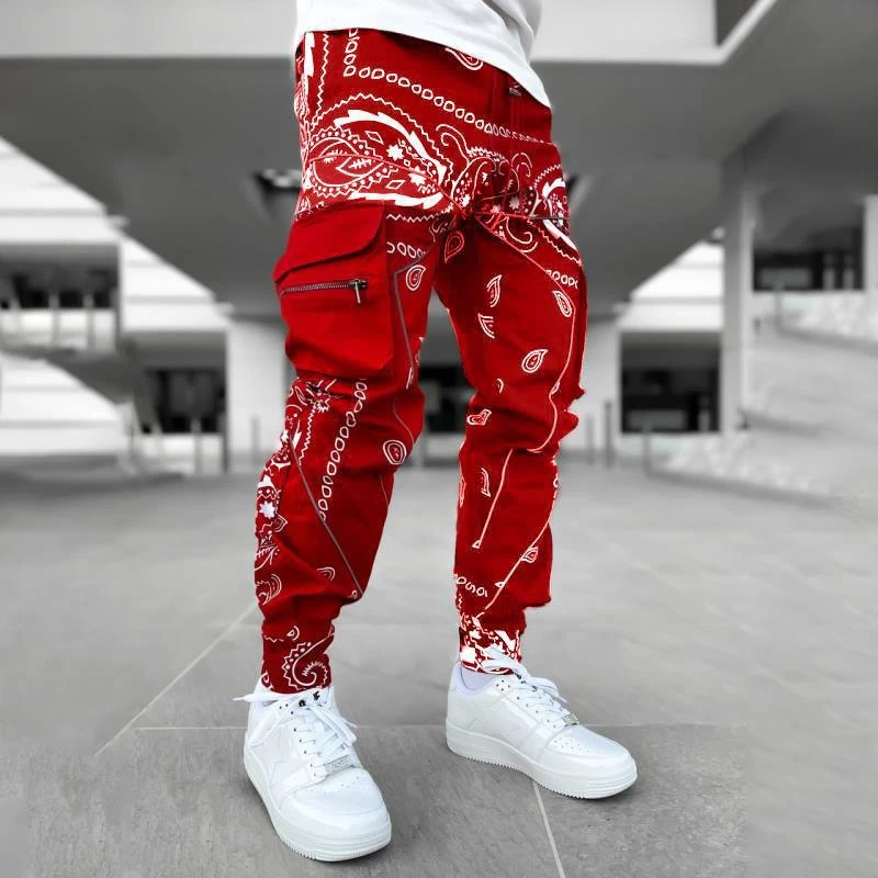 

Men's printed cashew flower pants 2023 European and American four seasons loose high street small feet multi bag Cargo pants