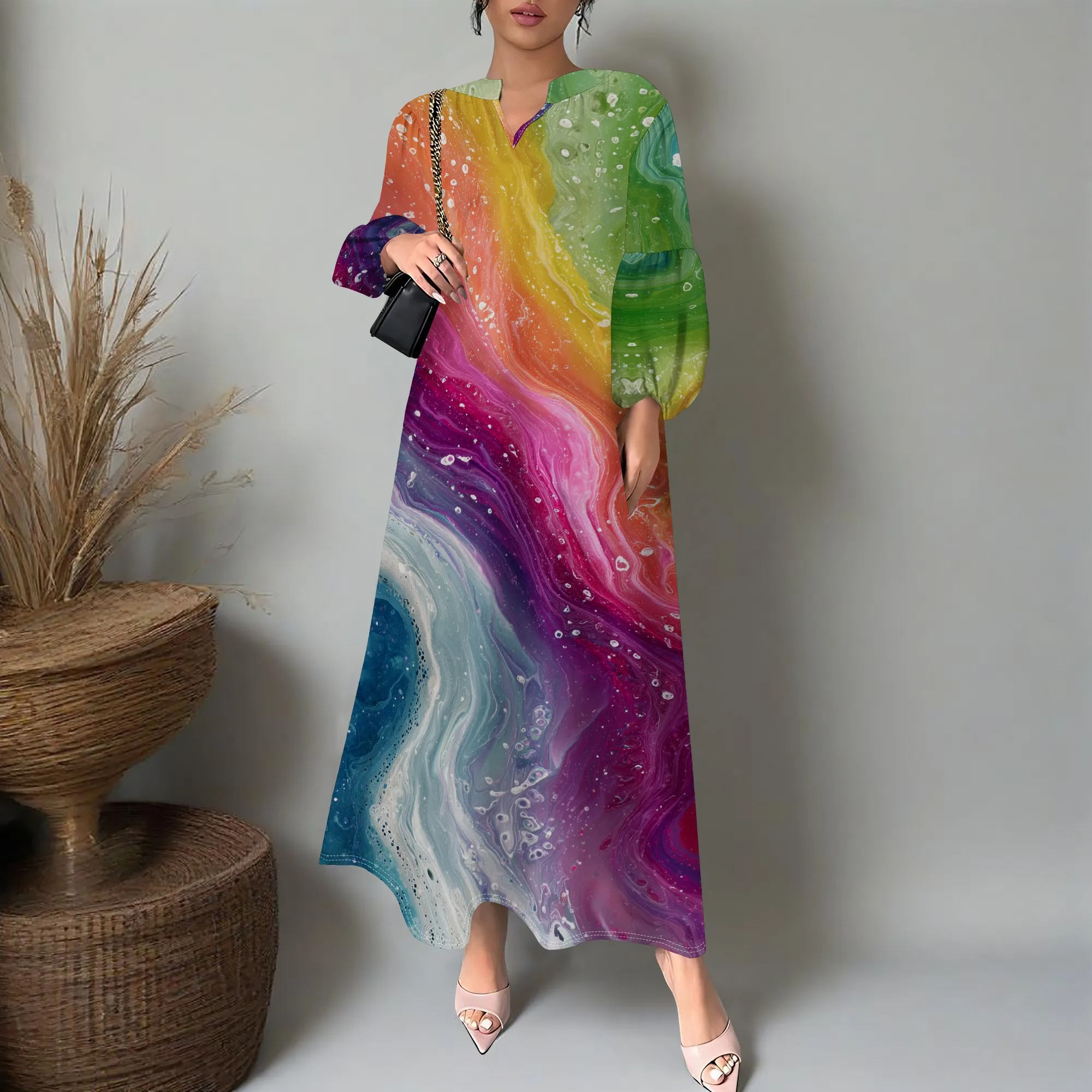 

Women’s Rainbow Gradient Print Long Sleeve Maxi Dress Elegant V Neck Loose Fit Holiday Party Gown XS-3XL
