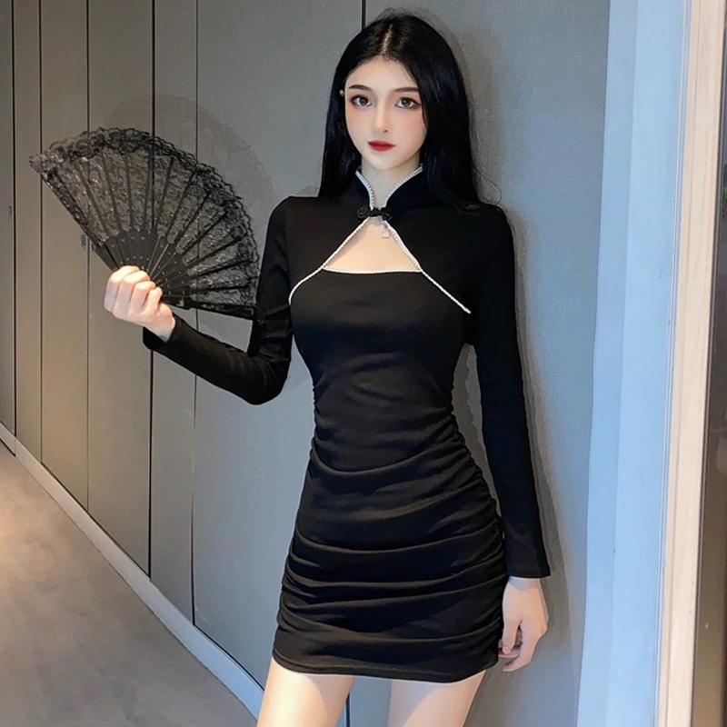 

Women Korean Style Bodycon Chinese Qipao Evening Dress Red Black Hanfu Cheongsam Sexy Elegant Retro Qi Pao Dresses Party Costume