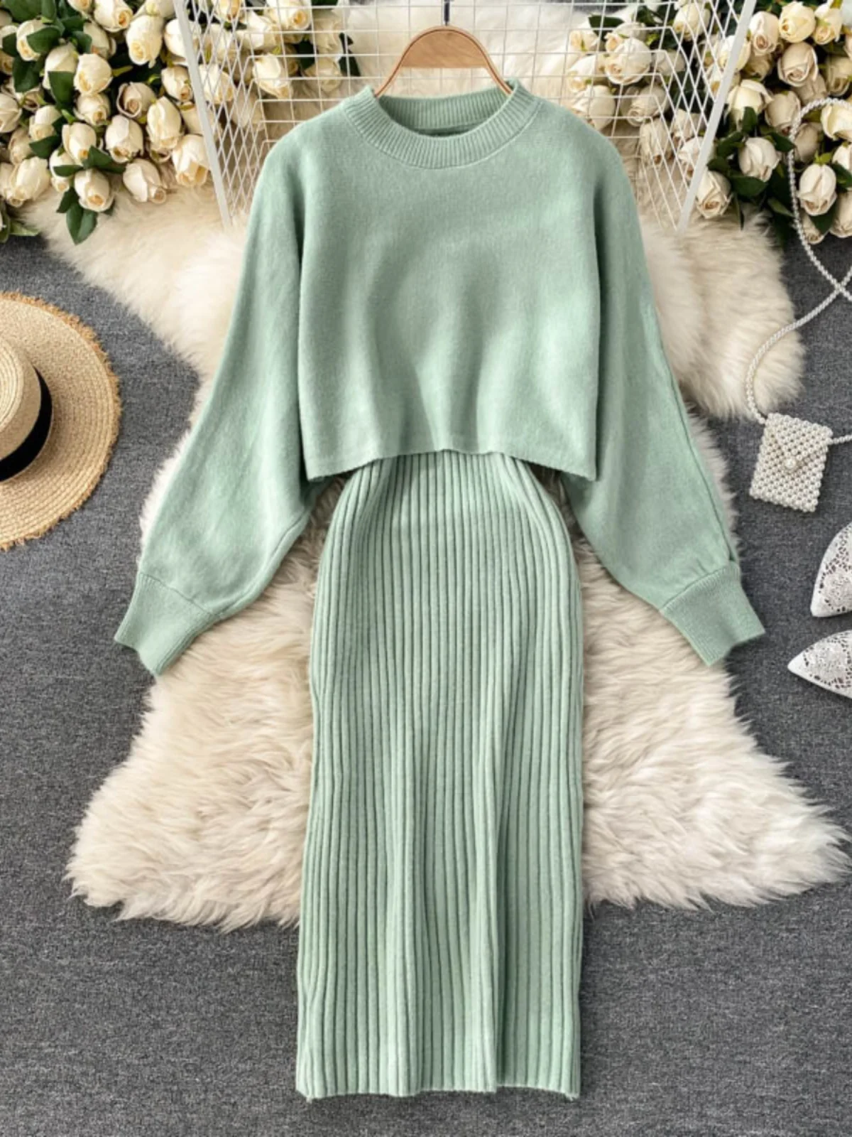 

Autumn Winter Small Fraance Sle Set Vintage Loose High Collar Knitted Sweater Strapl Wrap around Dr Two Piece Set