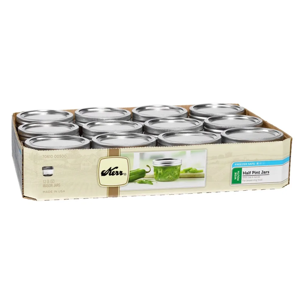 Kerr Canning Jars, Wide Mouth Half-Pint Mason Jars with Lids and Bands, 12 Count 8 oz