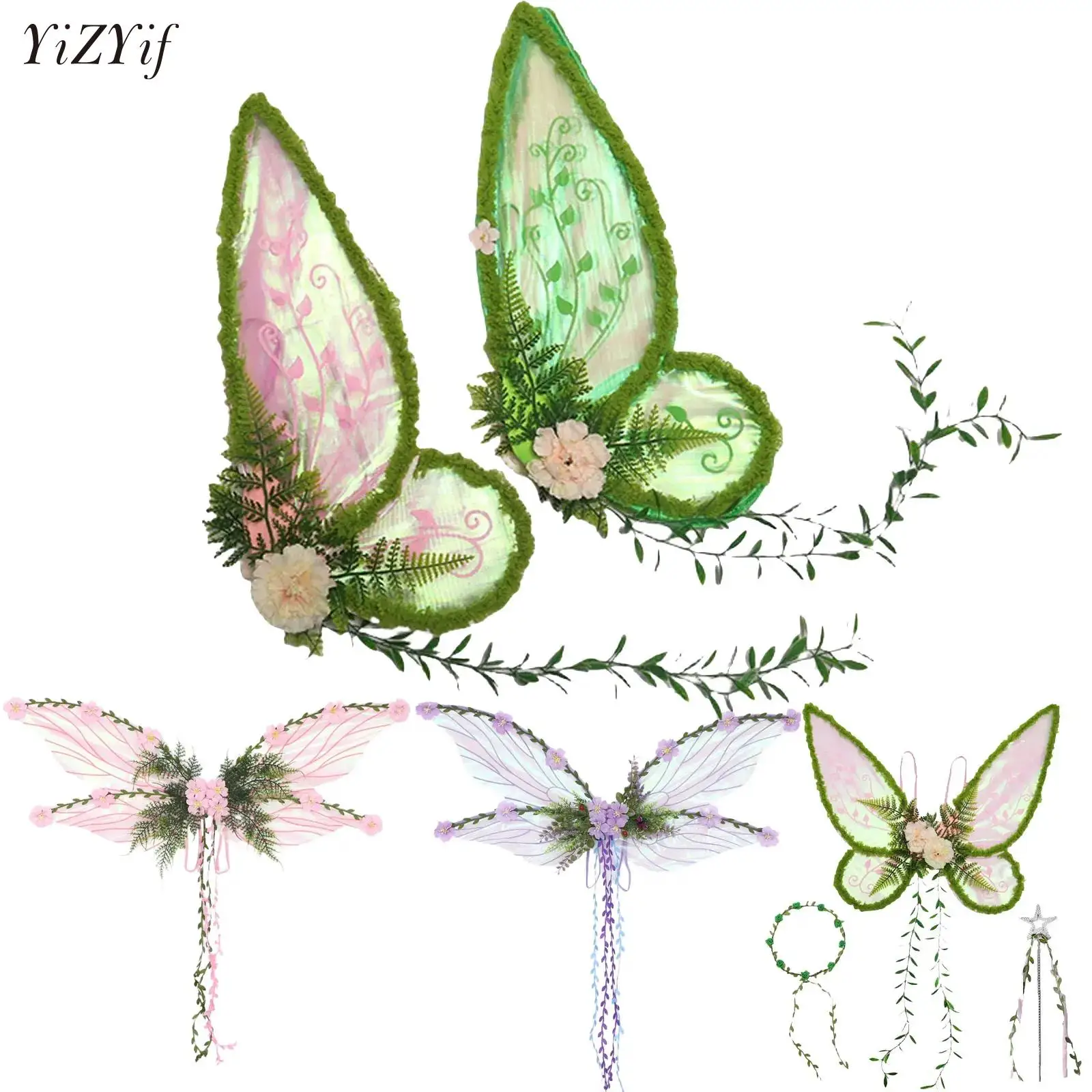 

Butterfly Wings Glitter with Flower Rattan Fairy Stick Garland Girls Women Cosplay Princess Fairy Halloween Costume Accessories