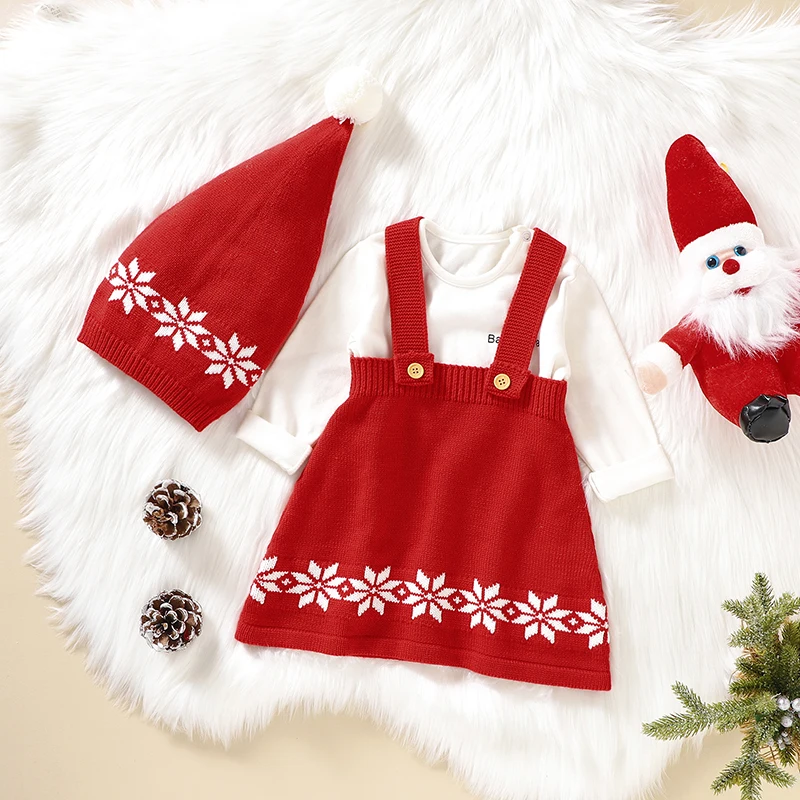 Baby Sweater Dress Knit Newborn Girl Skirt Hat Sleeveless Christmas Toddler Kid Xmas Clothes 2PCS Winter Fashion Sling Snowflake