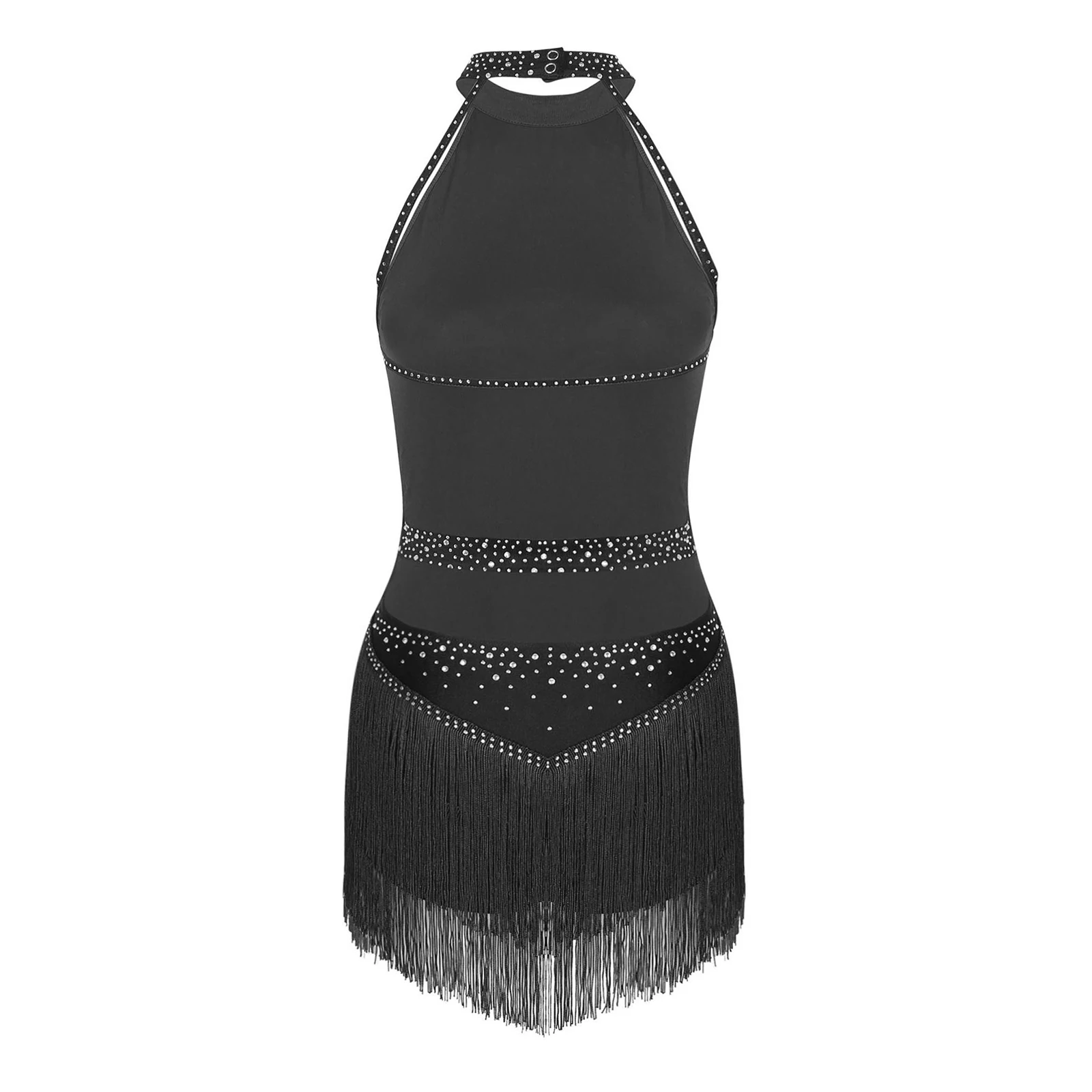 Damen Latin Dance Trikot Eiskunstlauf Tango Samba Cha-Cha Performance Kostüm glänzende Strass ärmellose Quaste Bodysuit