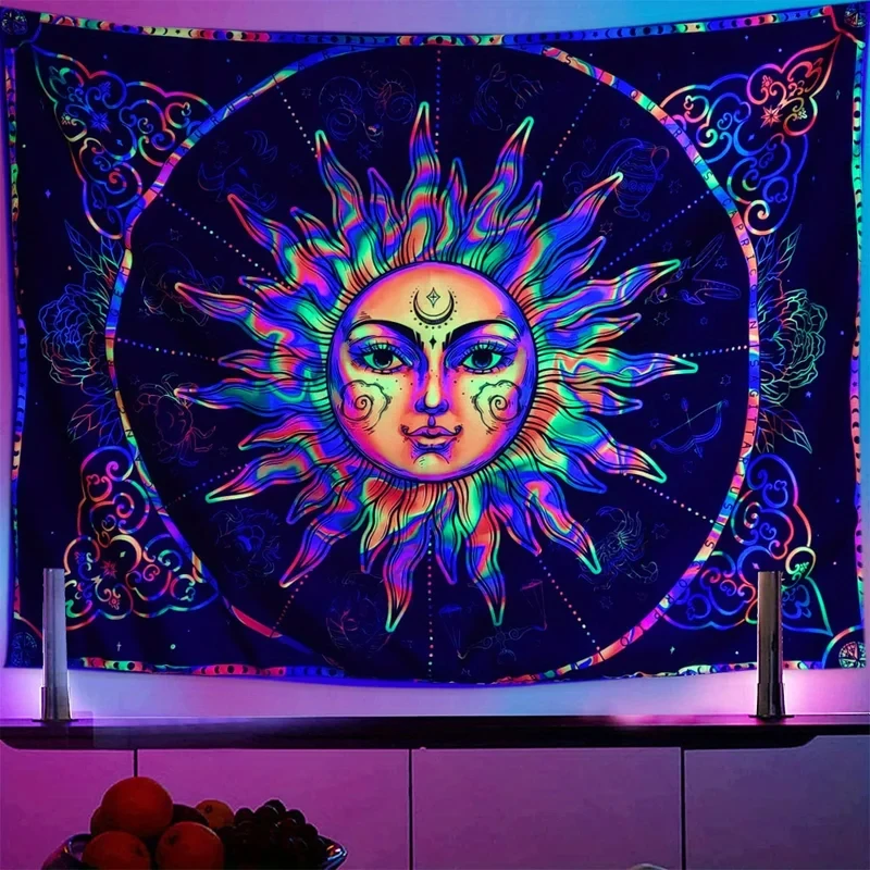 VIKAMA Blacklight Sun Tapestry, Psychedelic UV Reactive Sun Face with Zodiac Signs Wall Hanging for Bedroom & Party Decor