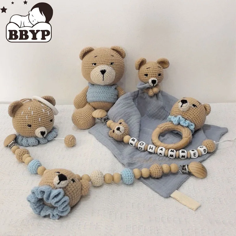 Personalization Crochet Animal Baby Towel Toy Wooden Newborn Teether Rabbite Bear Stuffed Doll Cotton Towel Pacifier Chain Gift