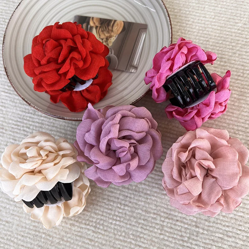 Romantic French Rose Flower Barrettes Women\'s Back Head Shark Clip Large Grip Loose Clip Headdress Fashion