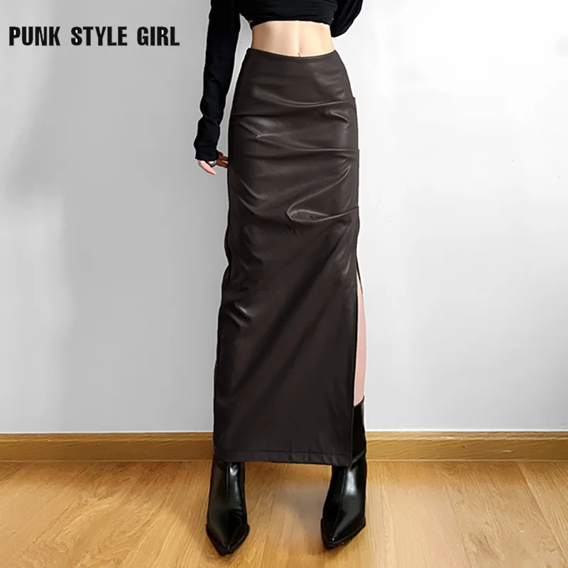 High Split PU Leather Vintage Wrap Women's Skirt Streetwear 2024 Autumn Winter Punk Hip Hop Bandage High Waist A-Line Skirts