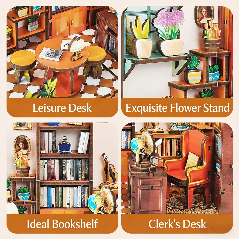 مجموعة ديوراما للمكتبة العتيقة من OUZEY، كوخ عاشق الكتب الخشبية ثلاثية الأبعاد، هدية دراسة إبداعية للمراهقين #4