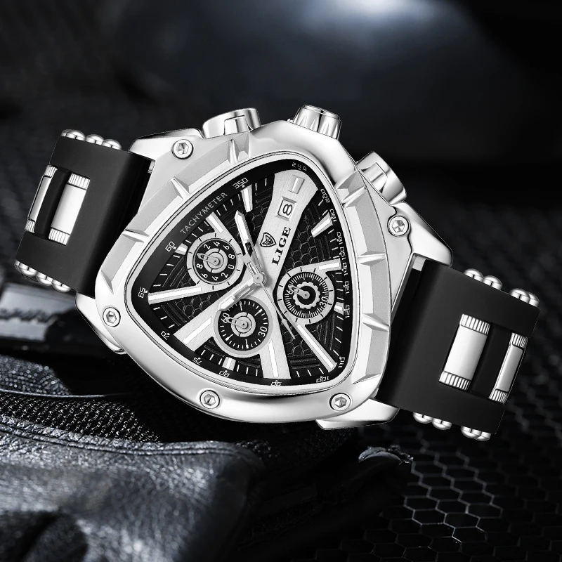 LIGE Men Watch Luxury Business Quartz Watches Silicone Strap Sport Chronograph Men\'s Wristwatch Waterproof Luminous Triangle sh