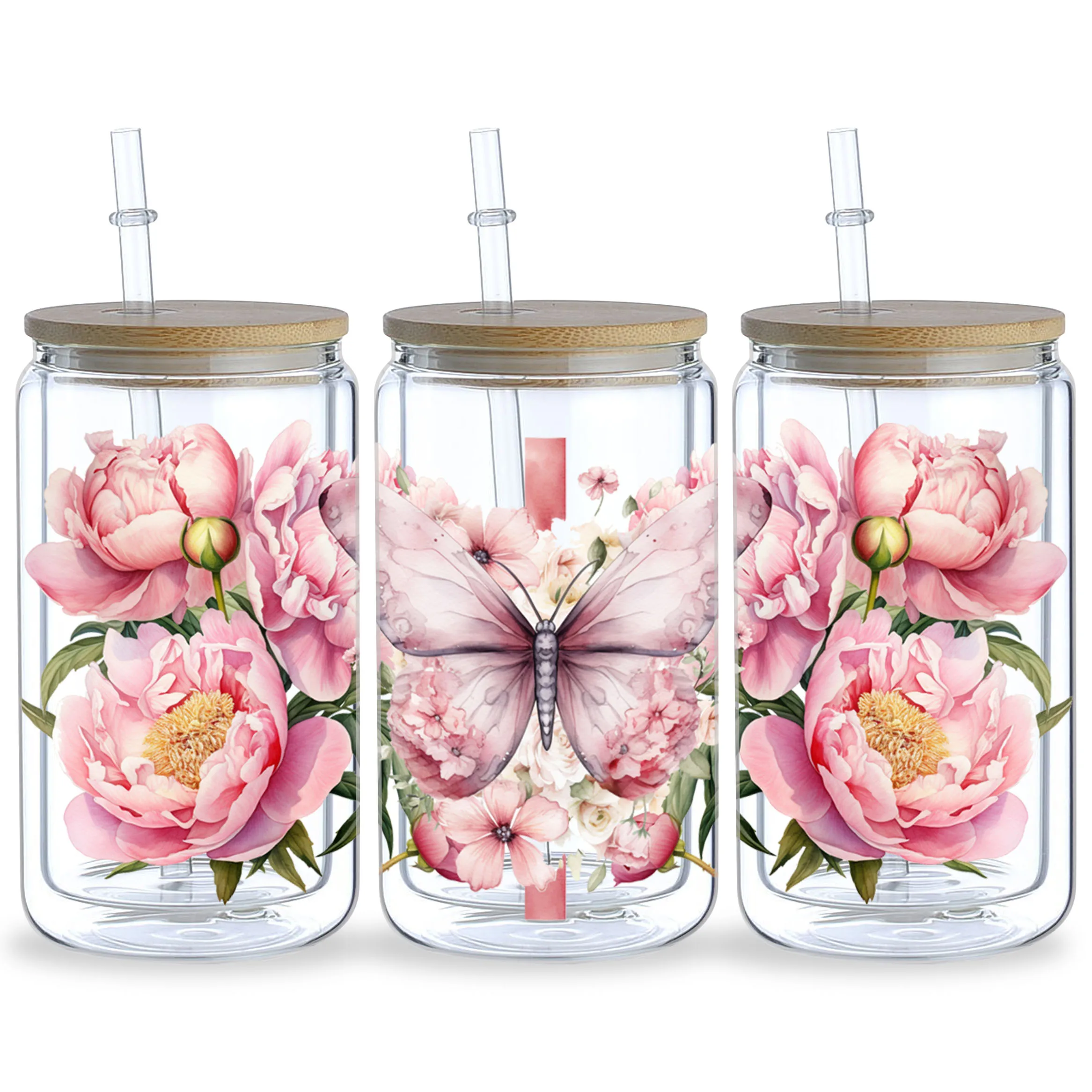 ملصقات dtf باللون الوردي على شكل فراشة وزهور ، 5 أوراق ، حركة الزجاج ، ورق نقل متعلق بالمياه