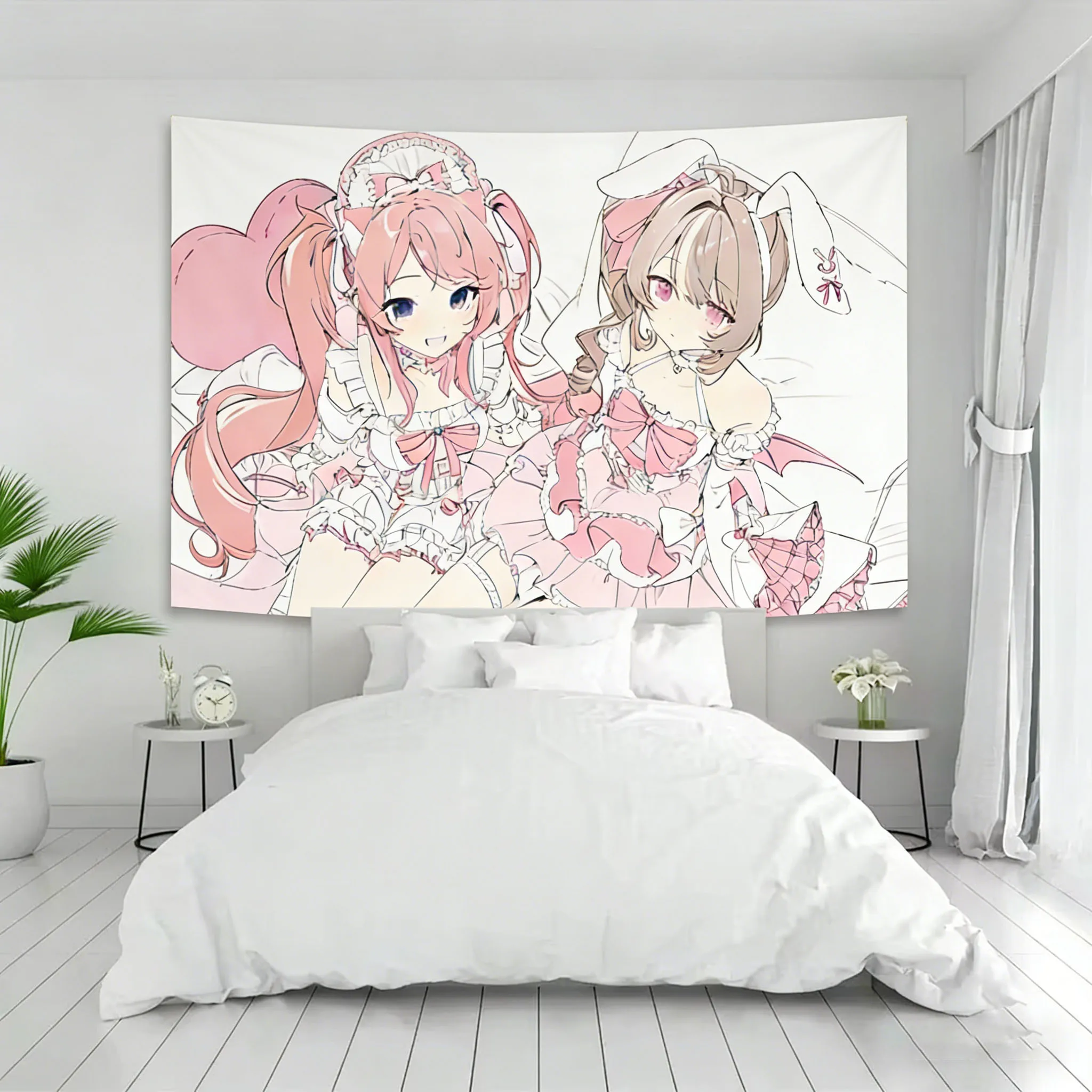 VAKAMA Wandteppich mit Design von zwei Anime-Mädchen mit rosa Hasenohren, Hintergrund im Flaggen-Design, geeignet für Schlafzimmer, Wohnheim, Dekoration, Geschenke