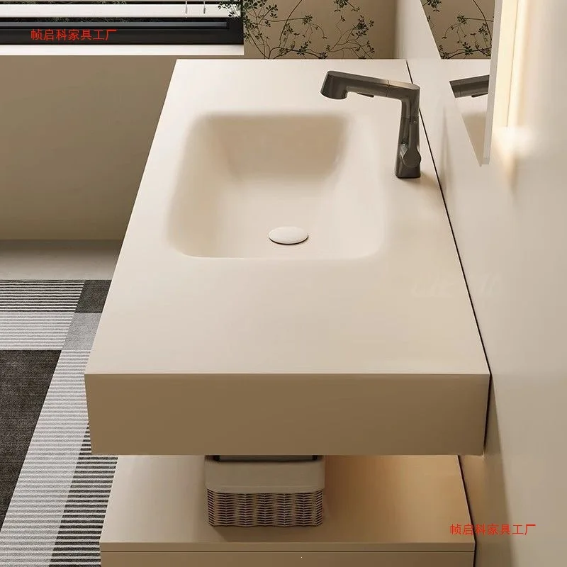 Double-layer large-capacity storage bathroom cabinet, cream wind rock slab, hot bending integrated smart mirror cabinet