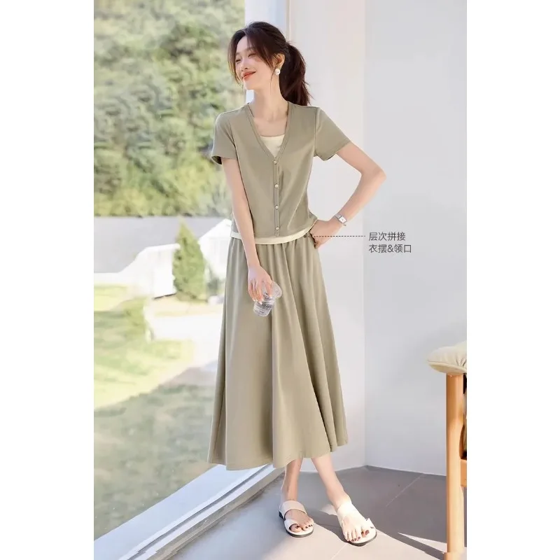 

Women's Sage Green Layered Look V Neck Top and Flared Midi Skirt Set