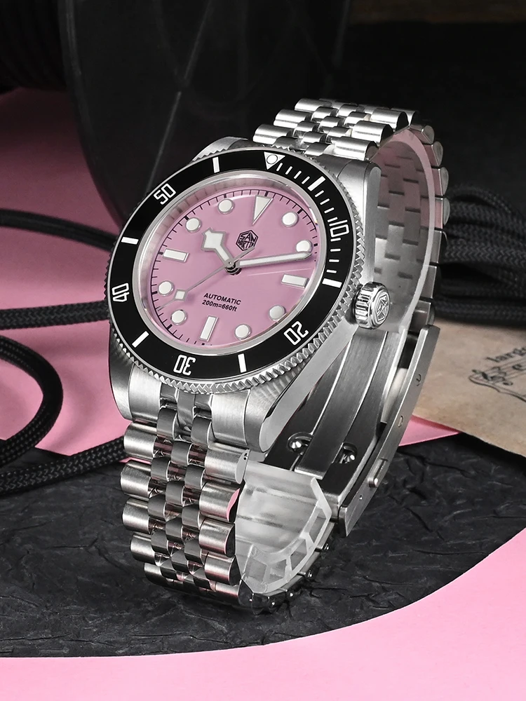 San Martin 40mm Enamel Pink Dial Men\'s Wrist Watch Diver Mechanical NH35 Jubilee Bracelet Sapphire Waterproof Self-Wind SN0128-4