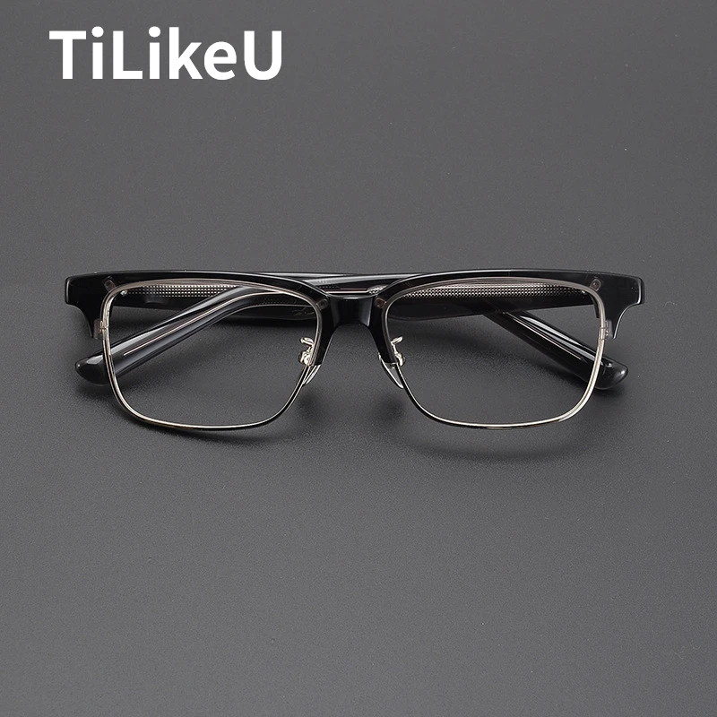 Japanese Handmade Titanium Spring Leg Square Acetate Glasses Frame Men and Women Eyeglasses Prescription Glasses Gafas Oaulos De