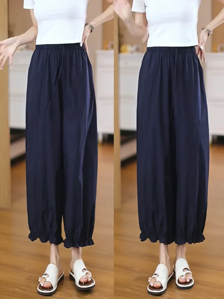 

Ice Silk Quick Dry Nine-Tenths Lantern Pants Women Summer Thin Loose Grommet Lace Flower Bud Pants Casual Commute Style
