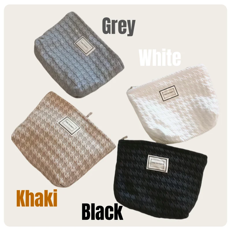 Casual Design, Pure Color Houndstooth Pattern, Student and Workplace Person, Zipper, Large Capacity, Women's Cosmetic Bag Pouch