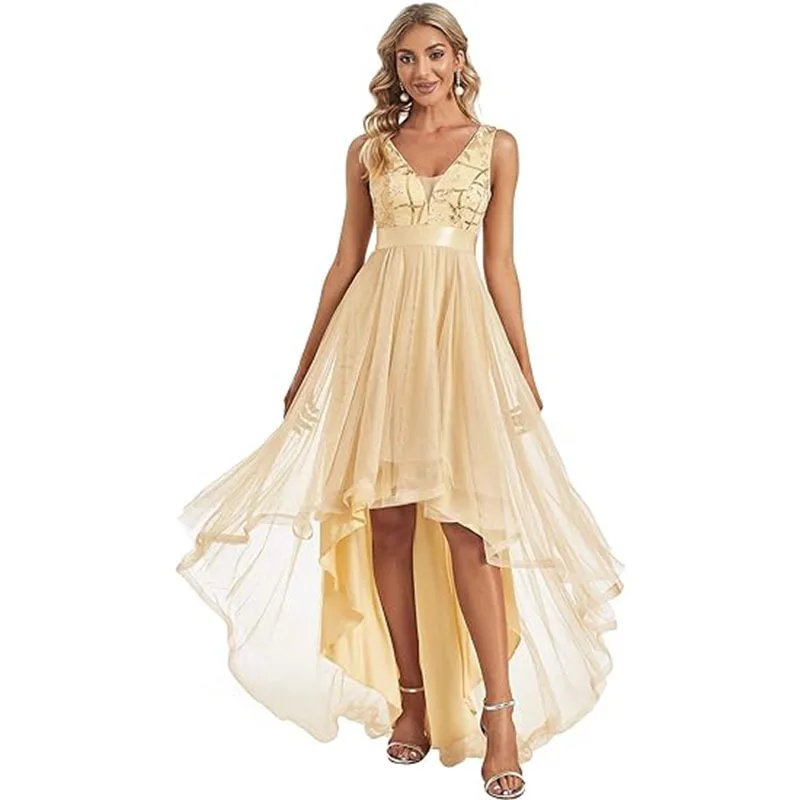 M5152 vestidos de noche altos y bajos personalizados dulce recuerdo mujer señora lentejuelas malla tul cuello en V sin mangas vestido de fiesta de graduación