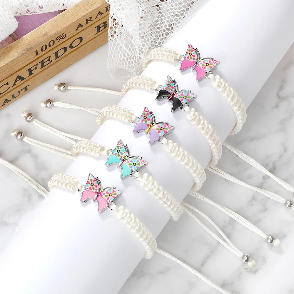 Charming Braided Bracelets Handmade Black Butterfly Pendant White String Rope Adjustable For Woman Man Girls Friendship Jewelry