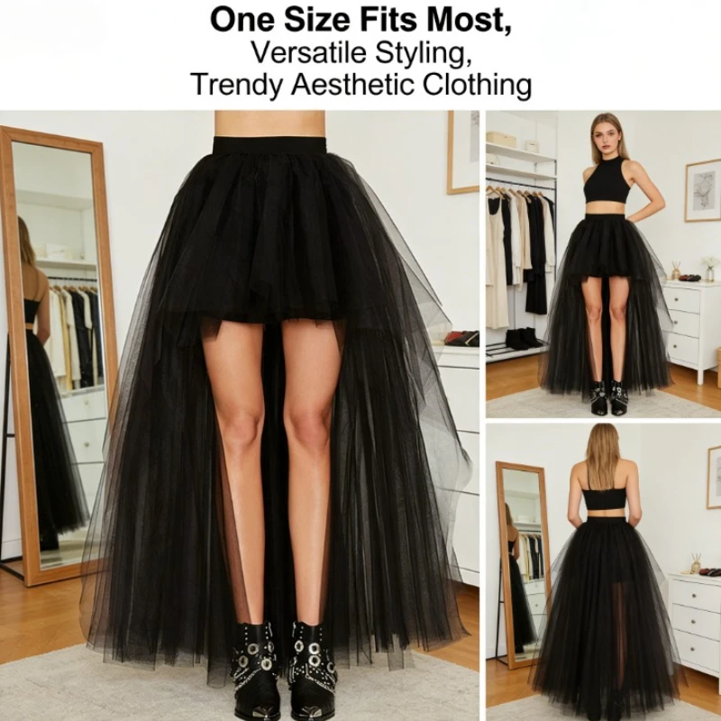 

Women Black Tulle Layered Skirt High Low Hem Asymmetrical Party Tutu Skirt