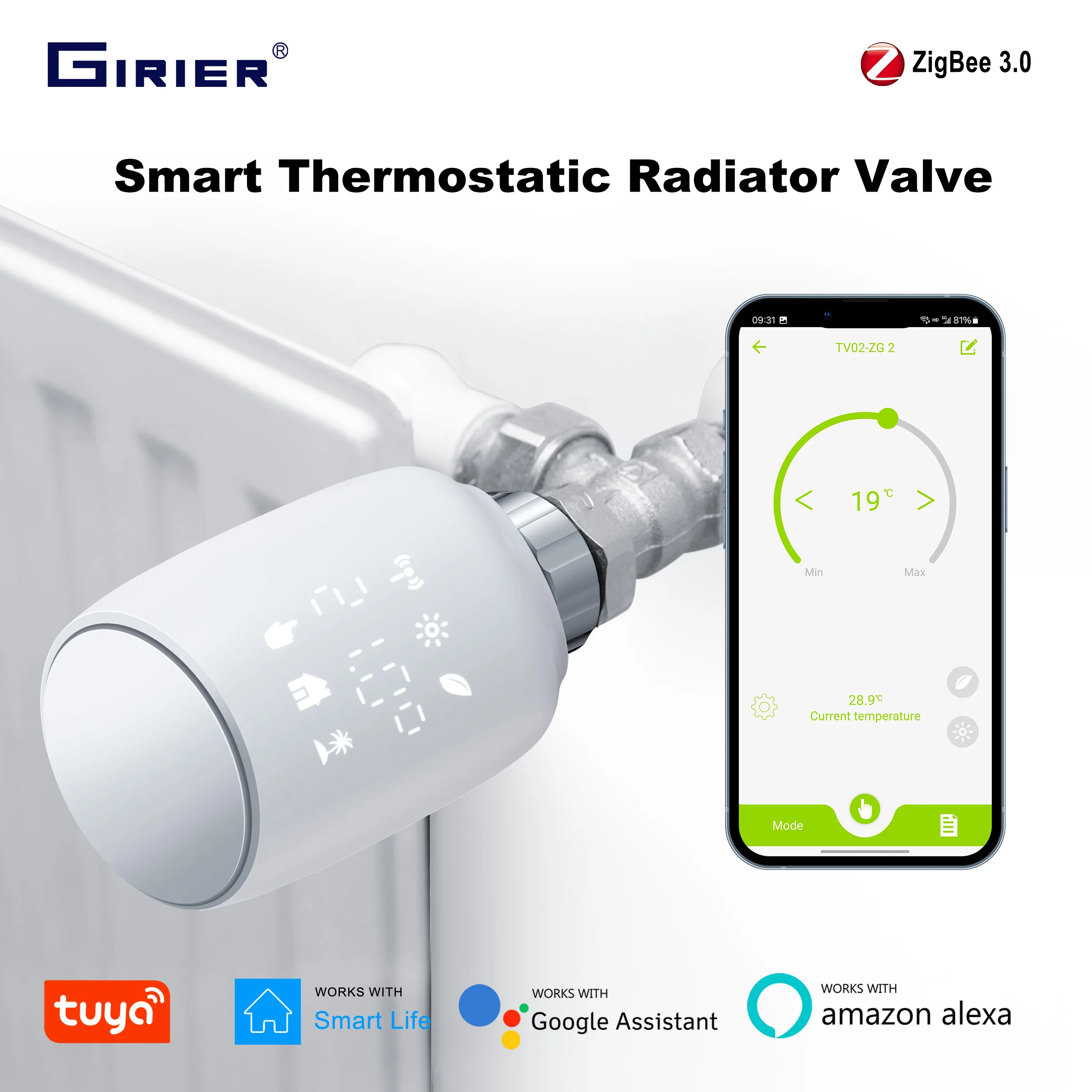 GIRIER TRV ZigBee Válvula termostática para radiador Tuya Termostato inteligente para radiador Controlador de temperatura programável Funciona com